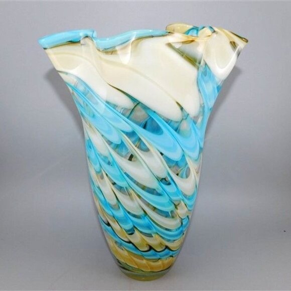 41/775 Large Handkerchief Glass Murano Style Blue and Yellow Swirl Vase 12 x 8